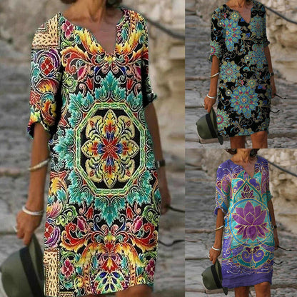 Women Boho Floral Casual Baggy Tunic Dress