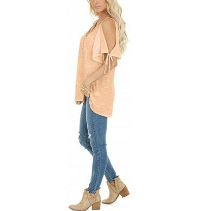 Cold Shoulder Short Sleeve Solid V Neck T Shirt