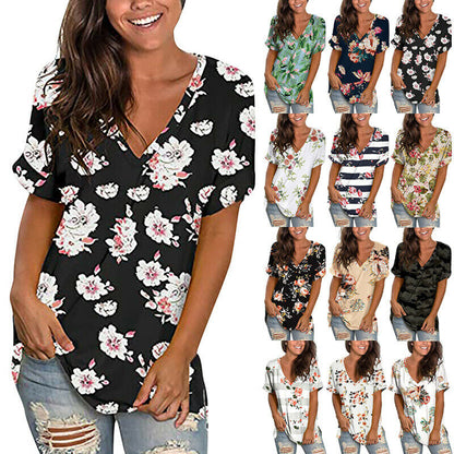 Short Sleeve V Neck Floral T Shirt