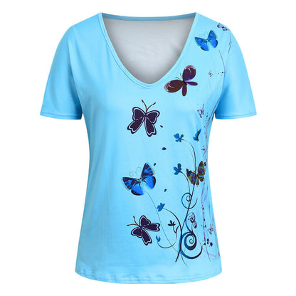 Butterfly Print V-Neck Short Sleeve Tops