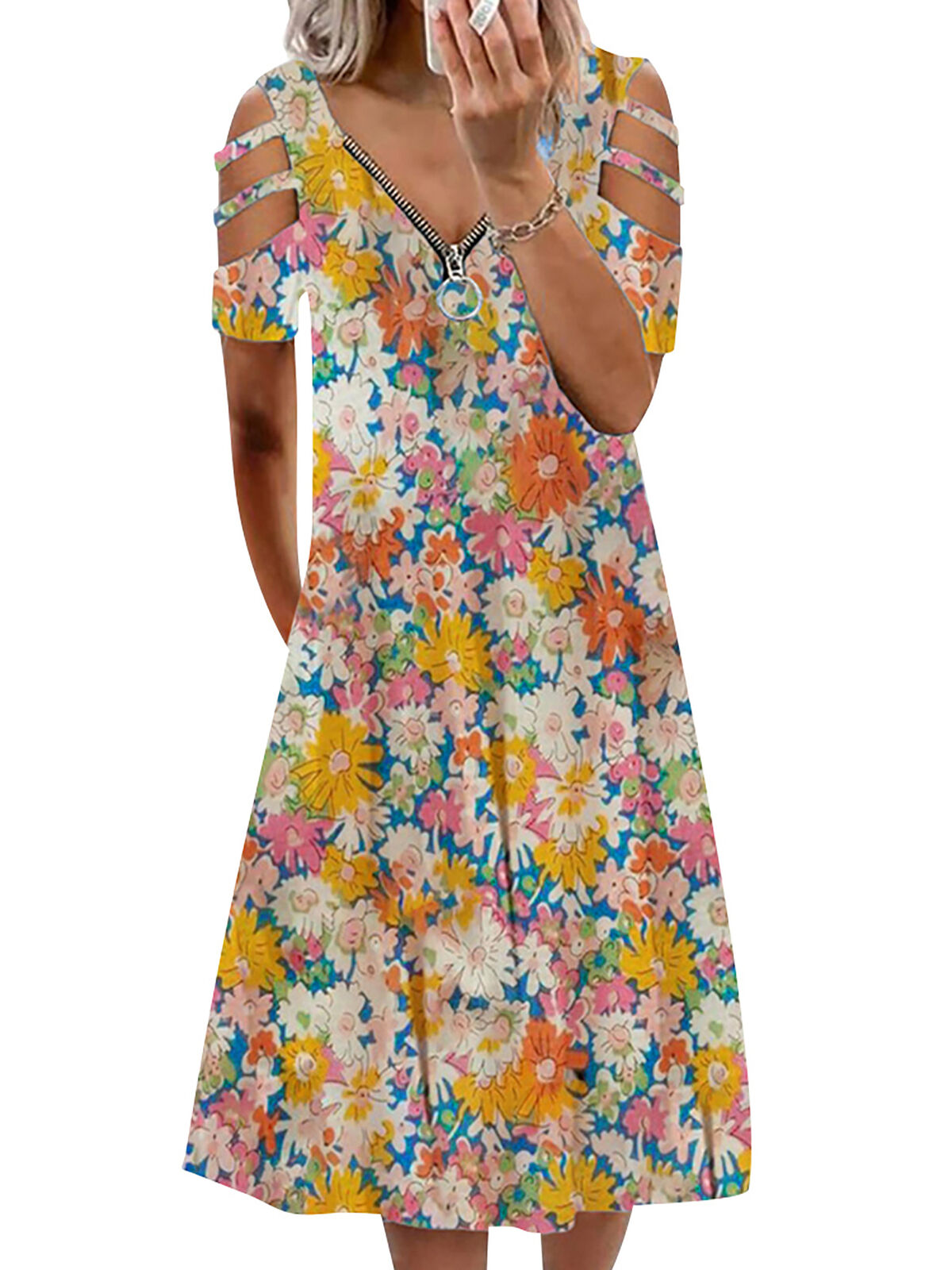 Women's Zipper V Neck Floral Print Dress