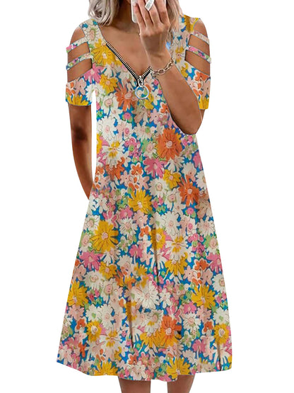 Women's Zipper V Neck Floral Print Dress