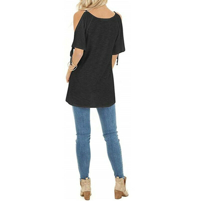 Cold Shoulder Short Sleeve Solid V Neck T Shirt