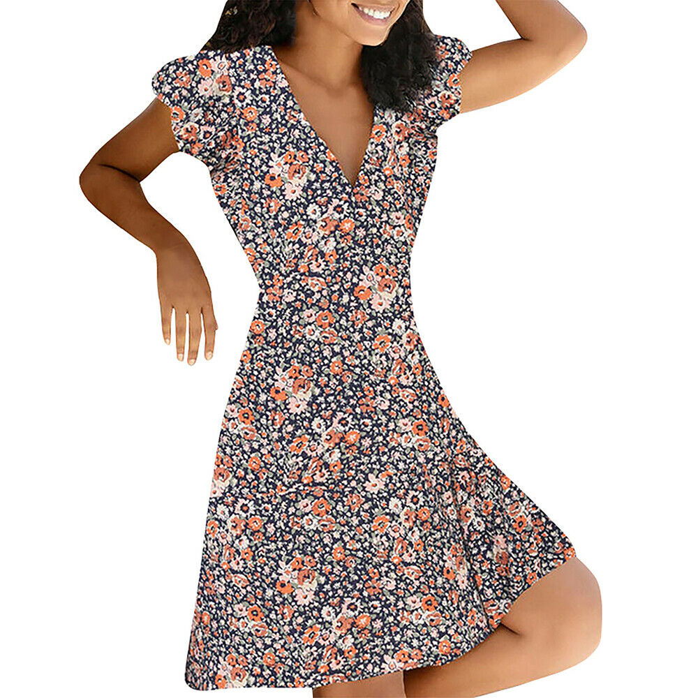 Boho Floral Print V Neck Mini Dress