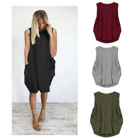 Solid Pockets Loose Tank Dress