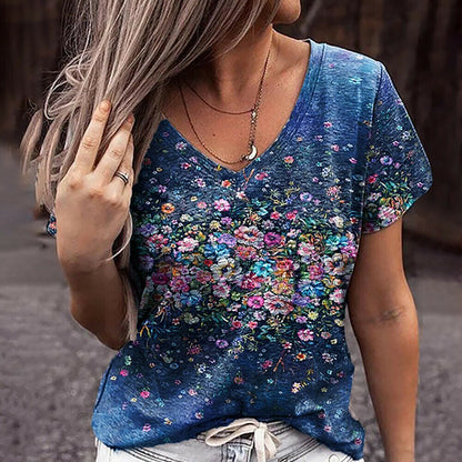 Floral Print V-Neck Short Sleeve T-Shirt