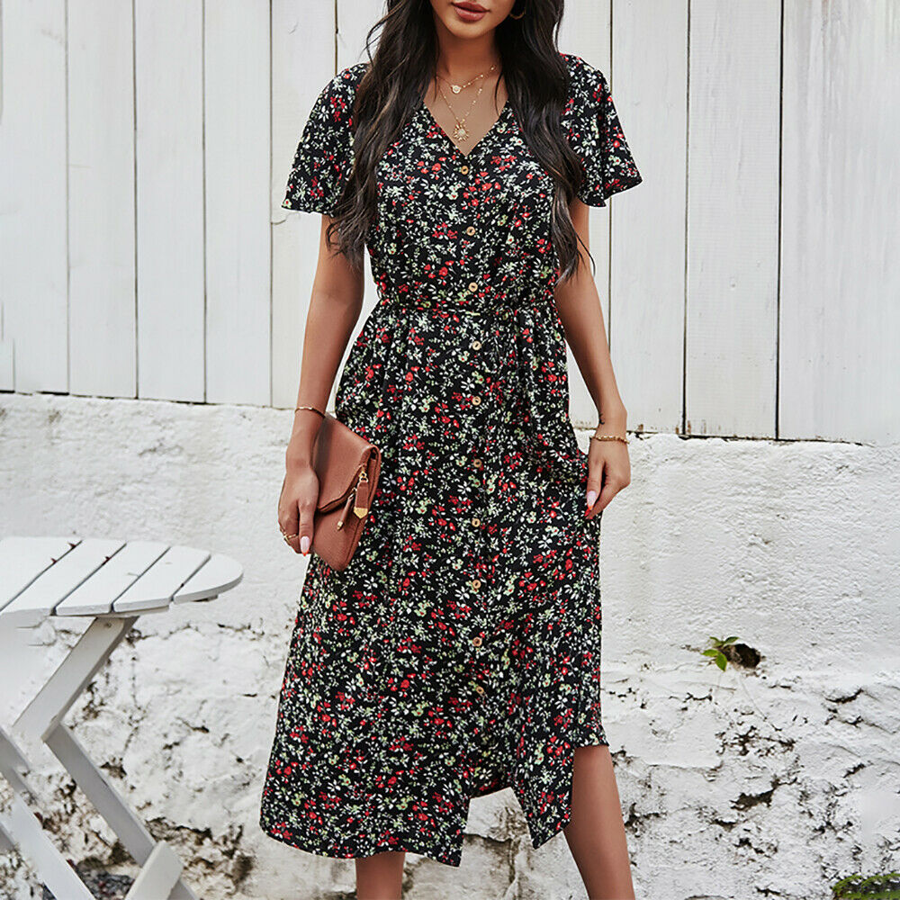 Casual Short Sleeve Split Maxi Dress