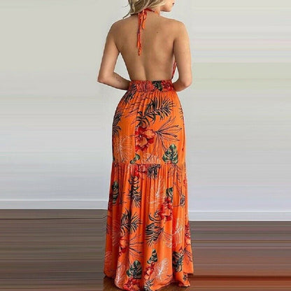 V Neck Backless Sleeveless Floral Summer Beach Loose Dress