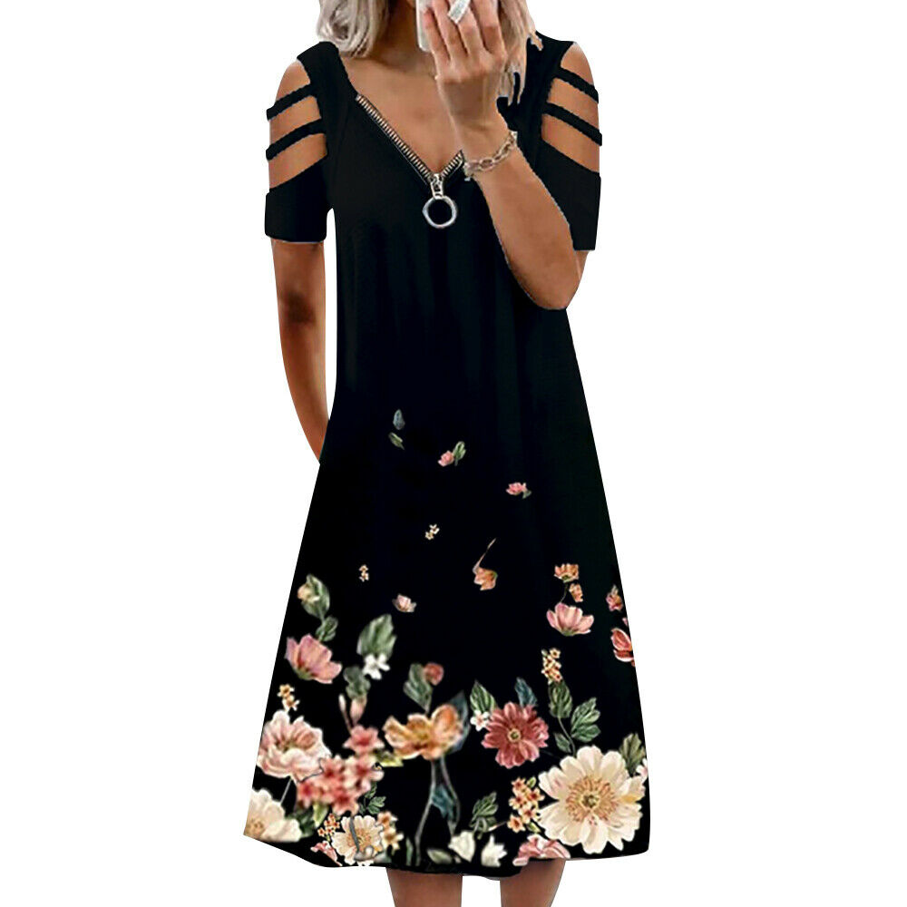 Women's Zipper V Neck Floral Print Dress