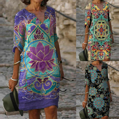 Women Boho Floral Casual Baggy Tunic Dress