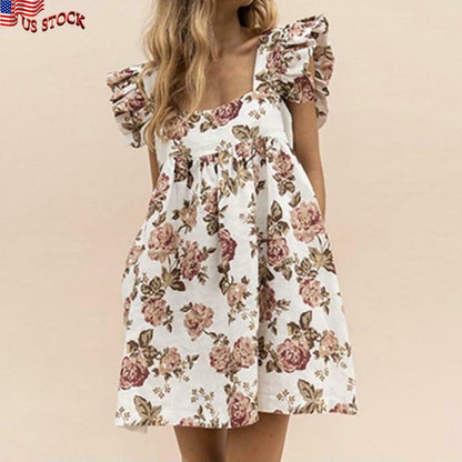 Casual Ruffle Sleeve Square Neck Summer Beach Dress