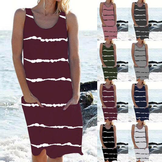 Casual Pocket Striped Loose Tank Dress