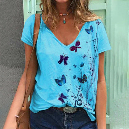 Butterfly Print V-Neck Short Sleeve Tops