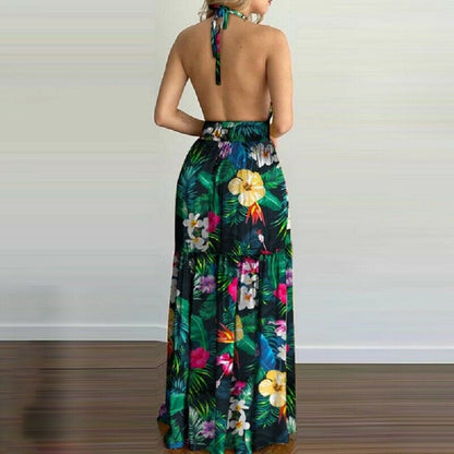 V Neck Backless Sleeveless Floral Summer Beach Loose Dress