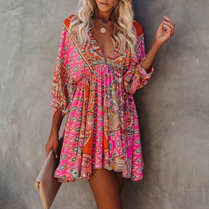 Boho V-neck Mini Dress