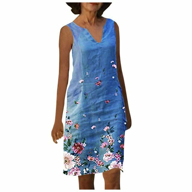 Sleeveless Floral Print Linen Casual Summer Dress