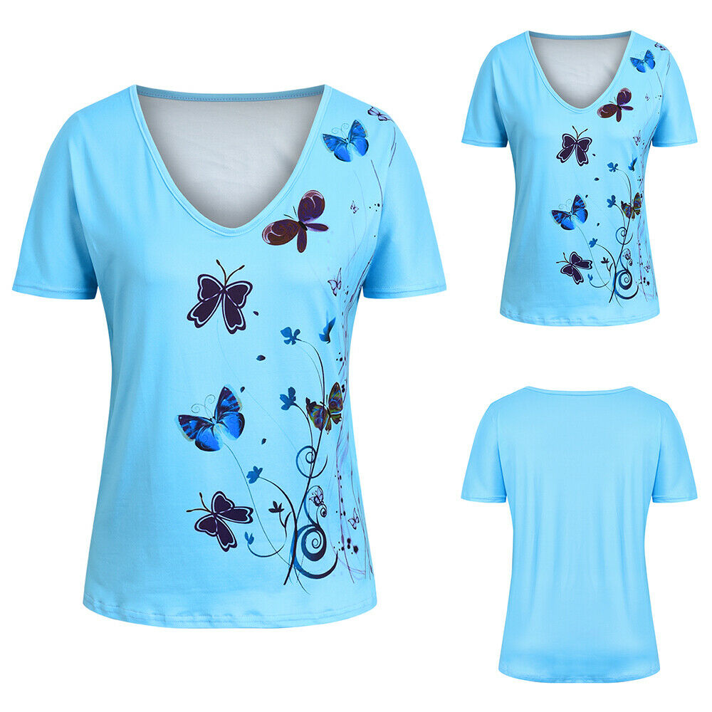 Butterfly Print V-Neck Short Sleeve Tops