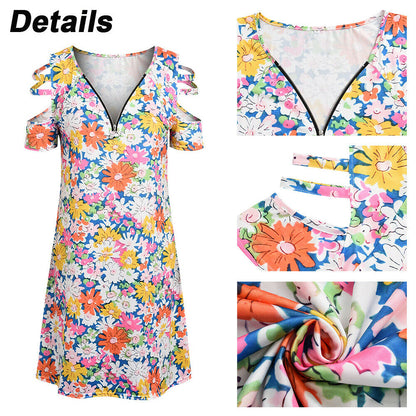 Women's Zipper V Neck Floral Print Dress