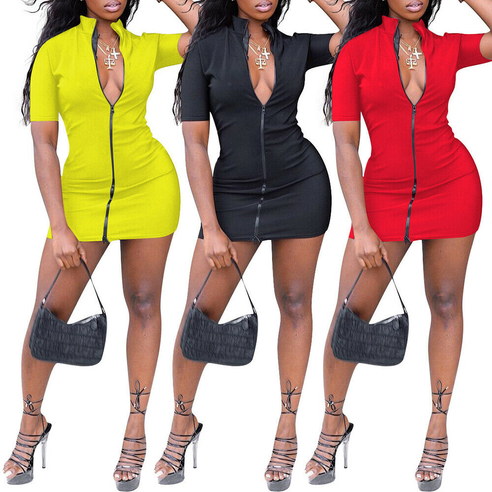 Women's V Neck Zipper Bodycon Cocktail Dress