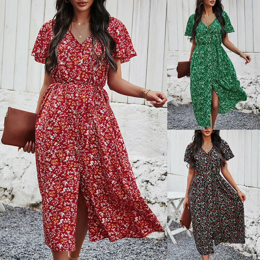 Casual Short Sleeve Split Maxi Dress