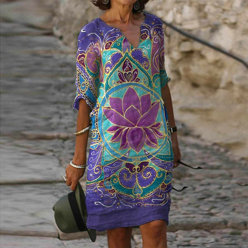 Women Boho Floral Casual Baggy Tunic Dress