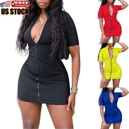 Women's V Neck Zipper Bodycon Cocktail Dress