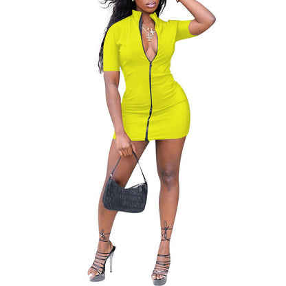 Women's V Neck Zipper Bodycon Cocktail Dress