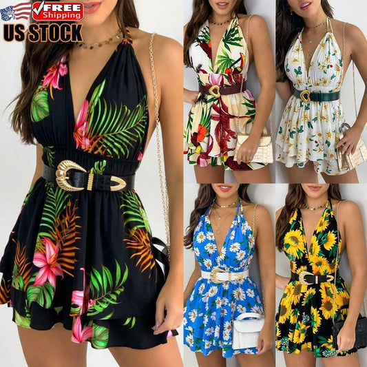 Womens Sleeveless Floral Boho Mini Dress