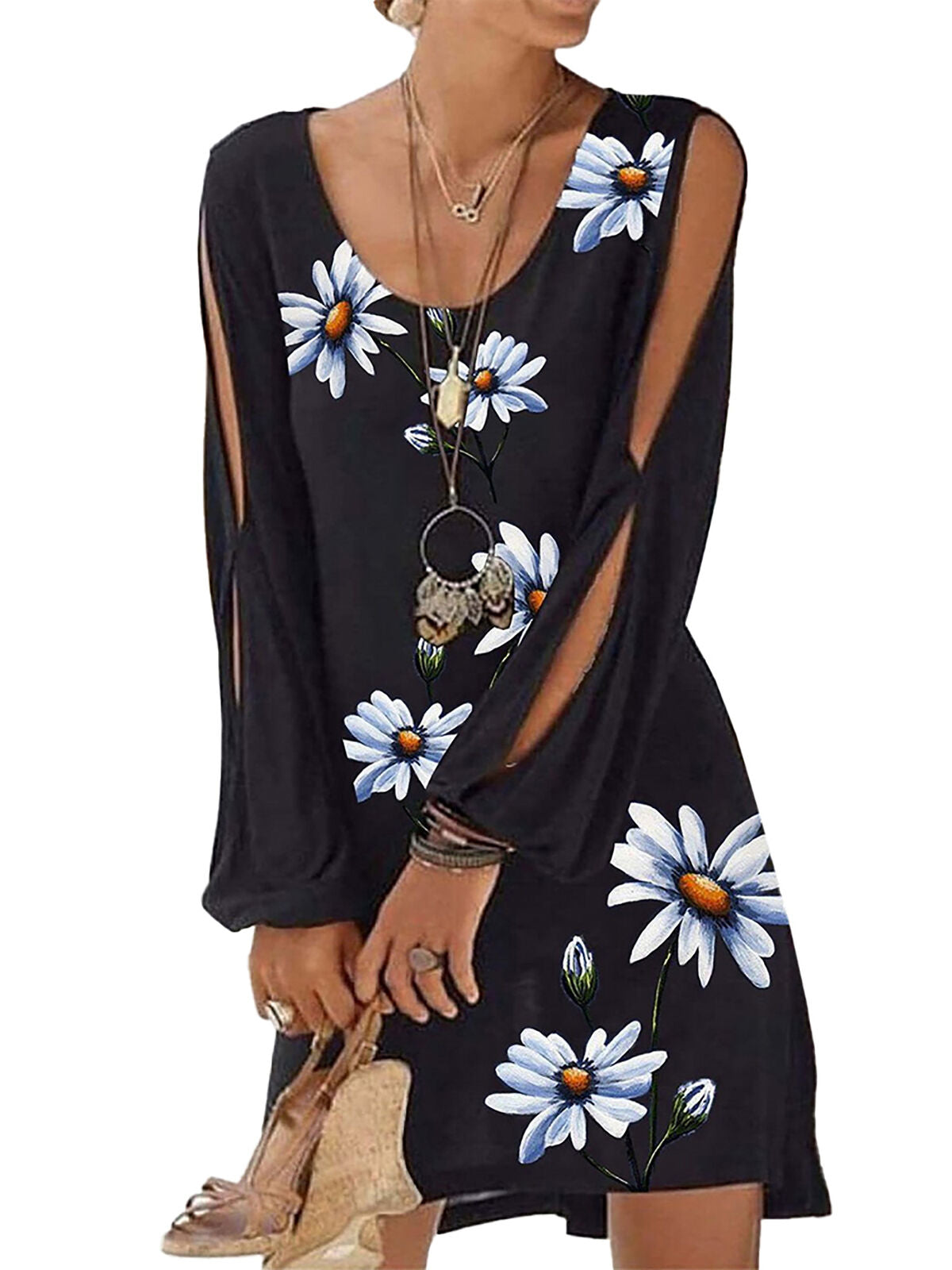 Long Sleeve Round Neck Floral Print Mini Dress