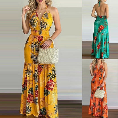 V Neck Backless Sleeveless Floral Summer Beach Loose Dress