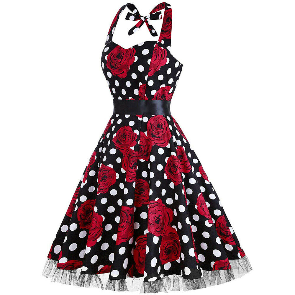 Women Vintage Halter 1950’s Rockabilly Pinup Dresses