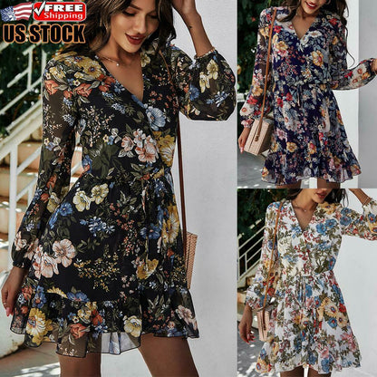 Casual V-Neck Floral Mini Dress