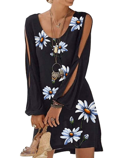 Women's Slit Long Sleeve Floral Mini Dress