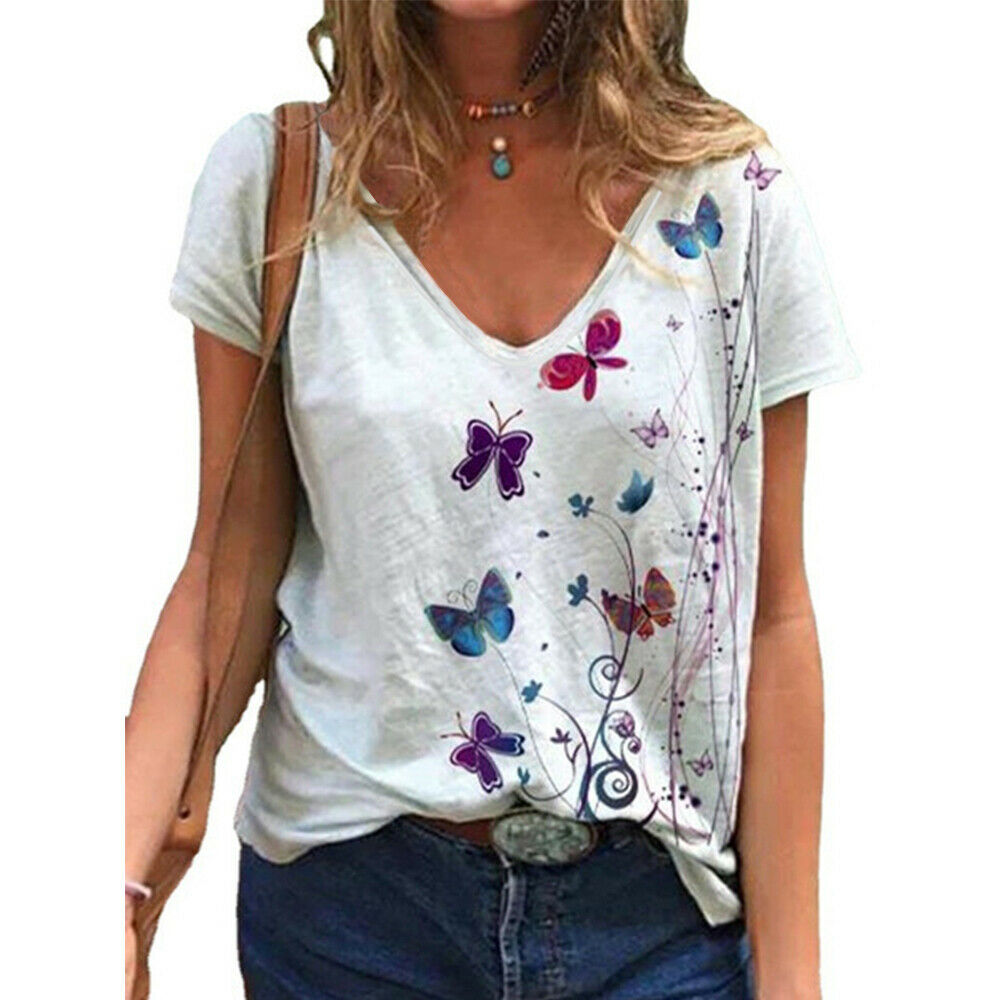 Butterfly Print V-Neck Short Sleeve Tops