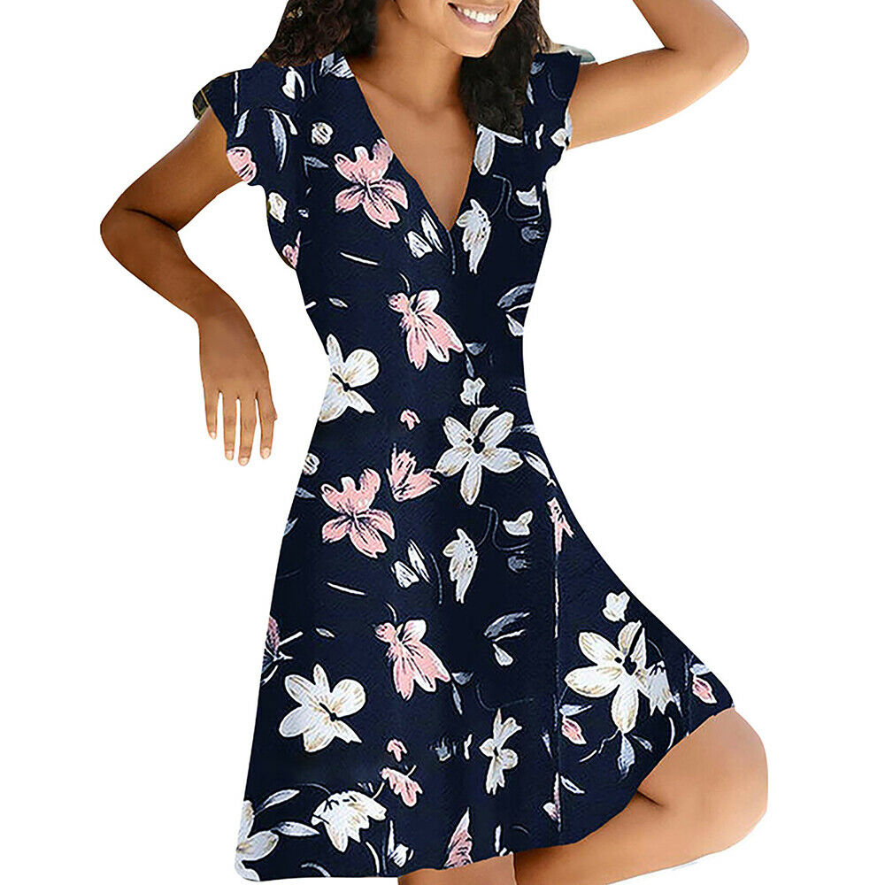 Boho Floral Print V Neck Mini Dress