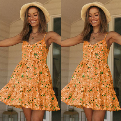 Floral Sleeveless V Neck Ruffle Swing Dress