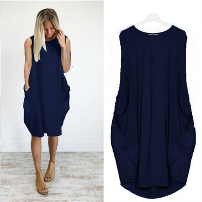 Solid Pockets Loose Tank Dress