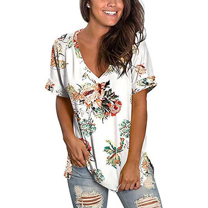 Short Sleeve V Neck Floral T Shirt