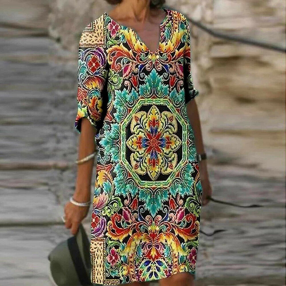 Women Boho Floral Casual Baggy Tunic Dress