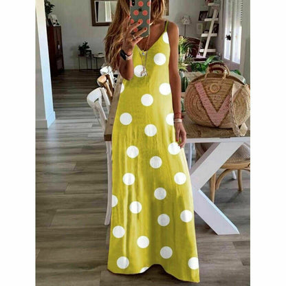 V Neck Dot Printing Casual Slim Loose Long Dress