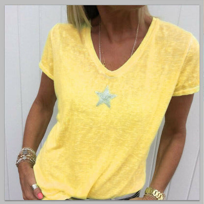 Solid V-Neck Short Sleeves Tops