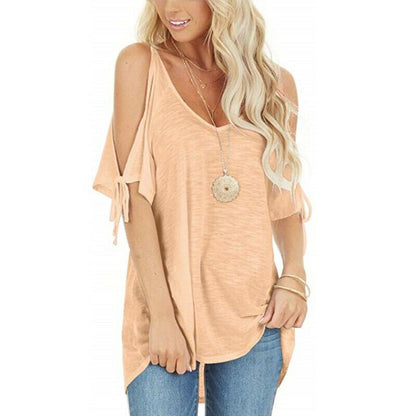 Cold Shoulder Short Sleeve Solid V Neck T Shirt