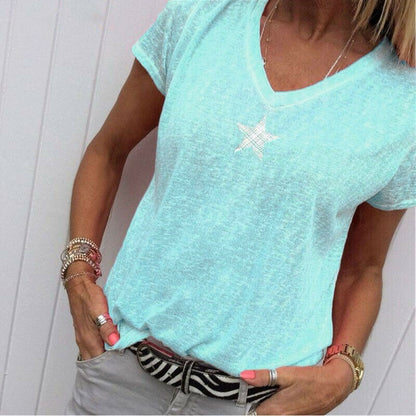 Solid V-Neck Short Sleeves Tops