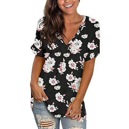 Short Sleeve V Neck Floral T Shirt