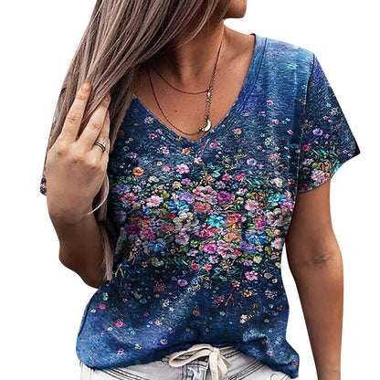 Floral Print V-Neck Short Sleeve T-Shirt