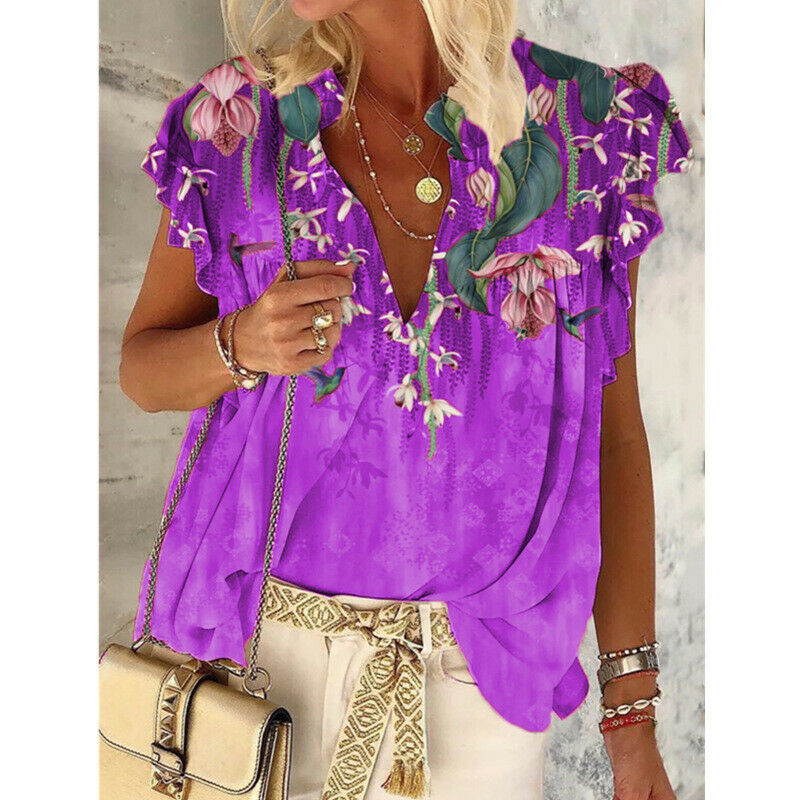 Casual Floral Short Sleeve V Neck Tops