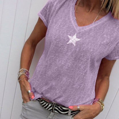 Solid V-Neck Short Sleeves Tops