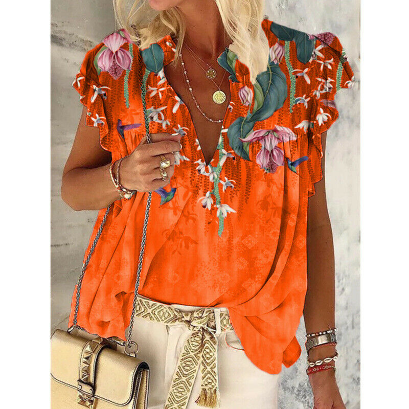 Casual Floral Short Sleeve V Neck Tops