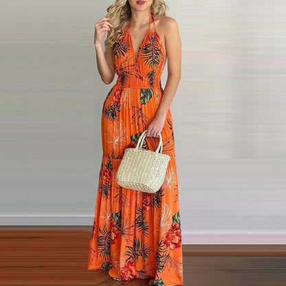 V Neck Backless Sleeveless Floral Summer Beach Loose Dress