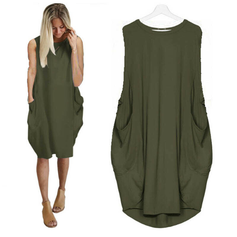 Solid Pockets Loose Tank Dress